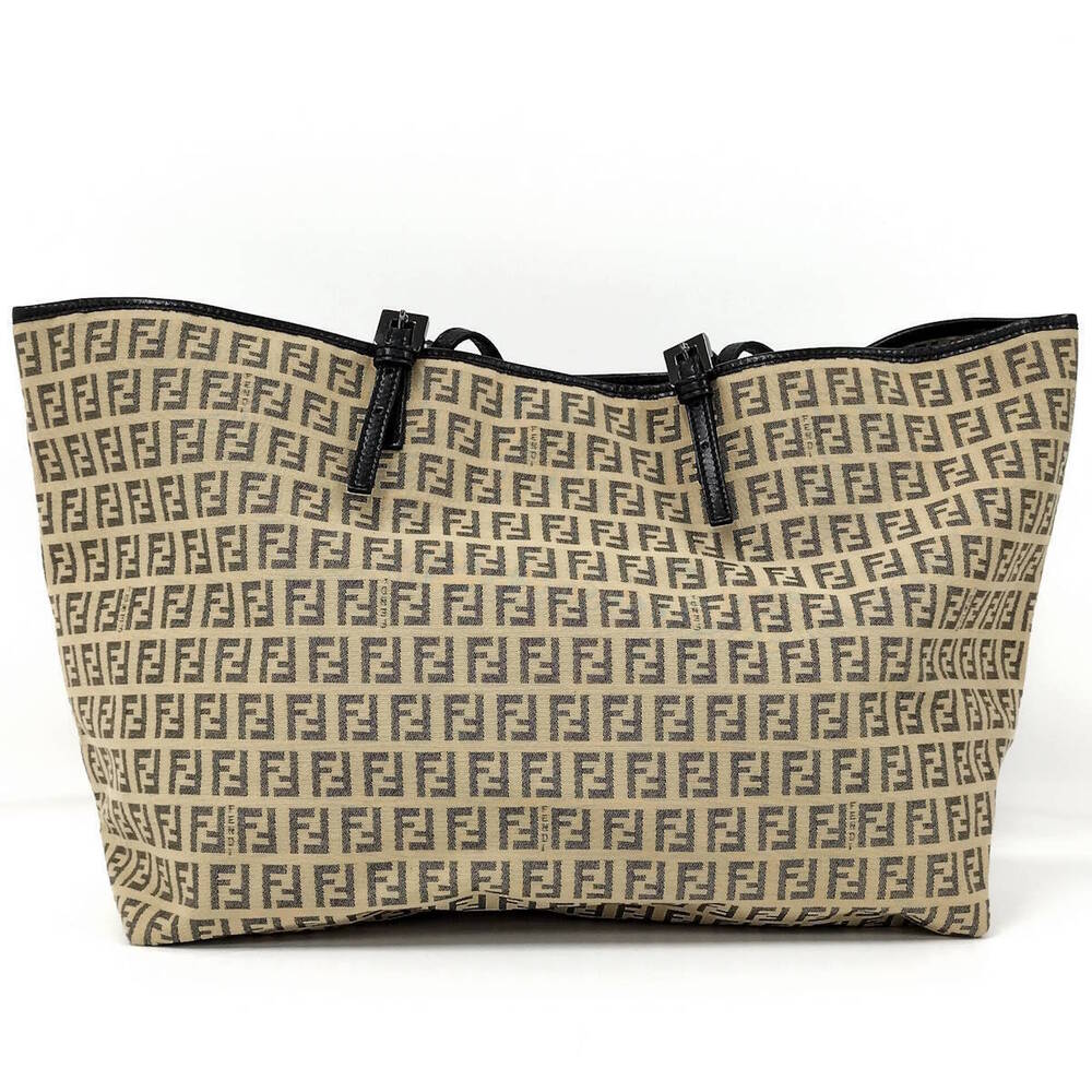 Fendi Canvas Tote Bag Beige Leather Black Zucca Tan Black